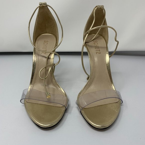 Schutz JOSSEANA Sandal Womens 8.5B Gold Vinyl/Metallic/Platina Strap Ankle S0419 - Picture 2 of 10